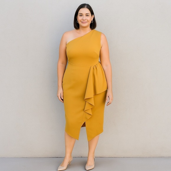 Elliatt Dresses & Skirts - NWT Elliatt One Shoulder Cocktail Dress Size Large Mustard Yellow Sheath Party